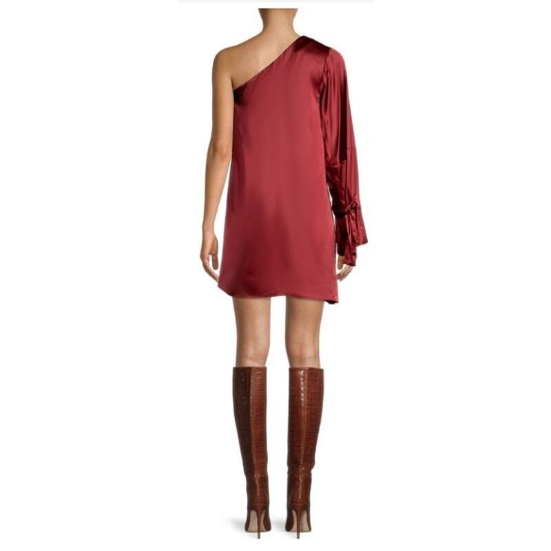 Tanya Taylor One Shoulder Mini Dress Womens 12 Burgundy Good Satin Asymmetrical