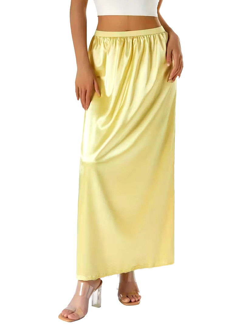 New Gorgeous Feminine Yellow Satin Lace Hem Long Half Slip Plus 2X NEW