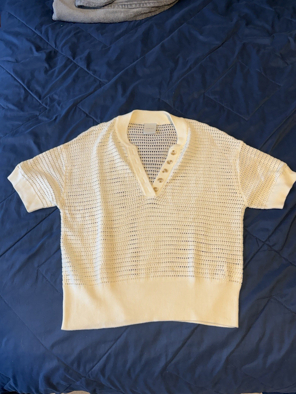 Varley Callie Knit Top M Egret Cream Medium Women’s Button Short Sleeve Shirt
