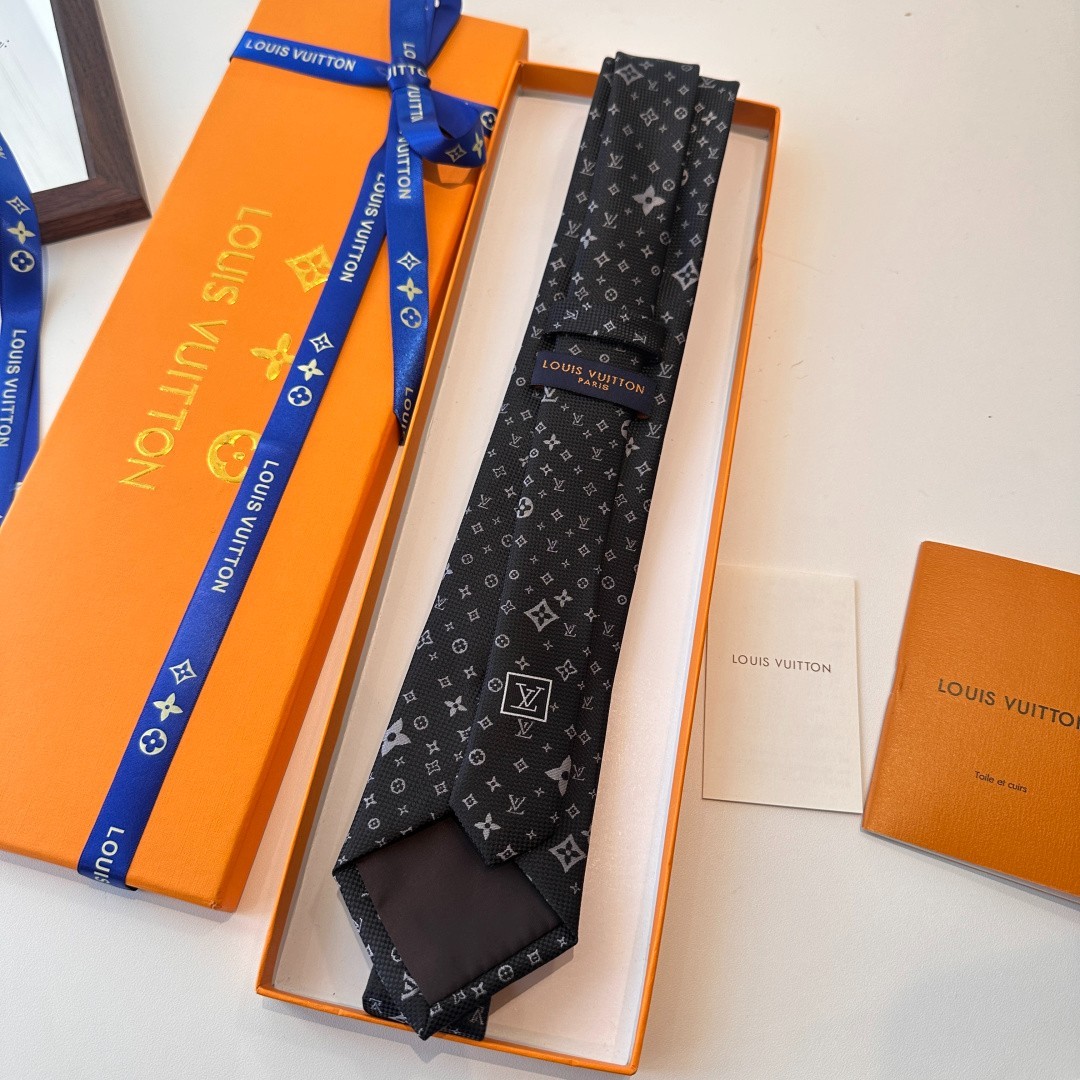 L.V. Paris Designer Silk Tie Black Grey Monogram Pattern Luxury Necktie w/ Box
