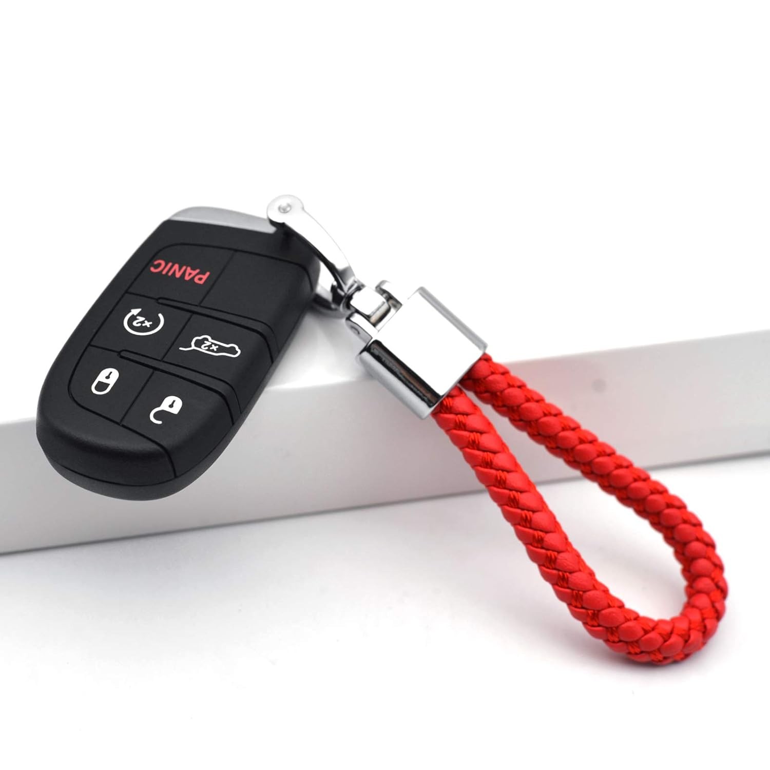 Red Leather Keychain Universal Car Fob Keychain Metal Keyring Woven Strap