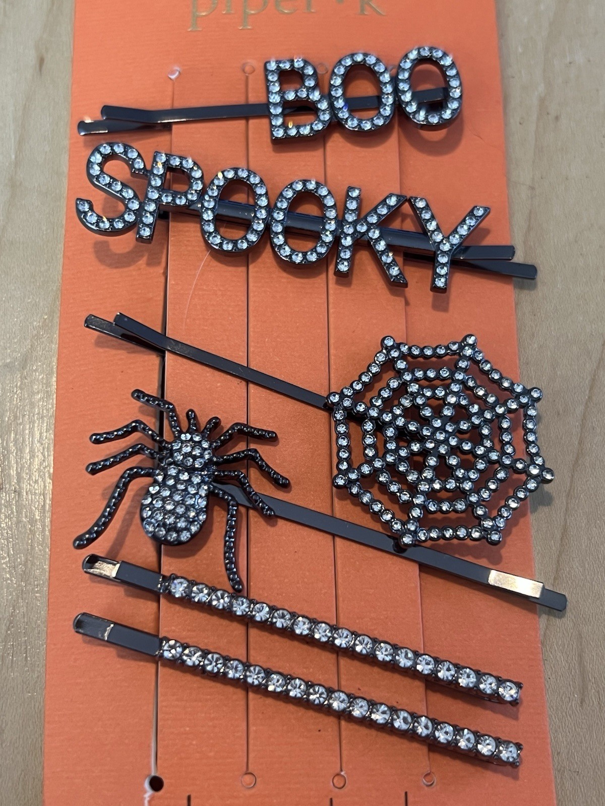 Piper K Halloween Hair Clip Set Rhinestone BOO Spooky Spider Web 6 Pins Bling