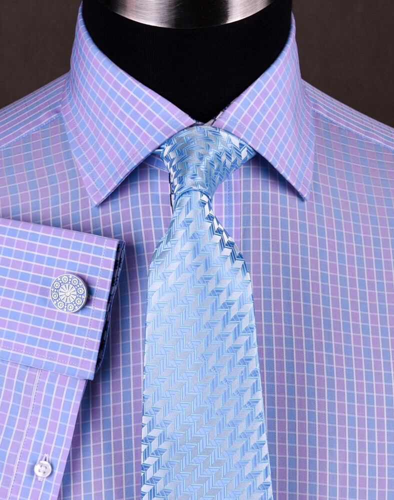 NEW Arrival Purple Blue Check WIth Blue Fleur-De-Lis Dress Shirt French Cuffs