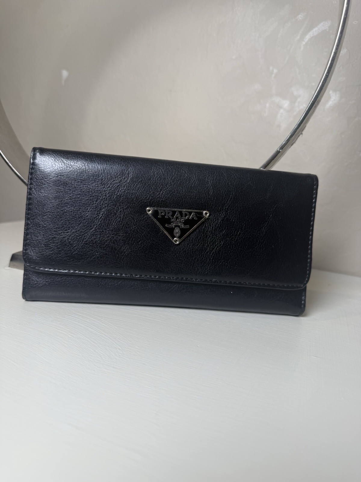 Prada Black Solid Long Clutch Wallet Triangle Logo Plaque Back Zip Pocket