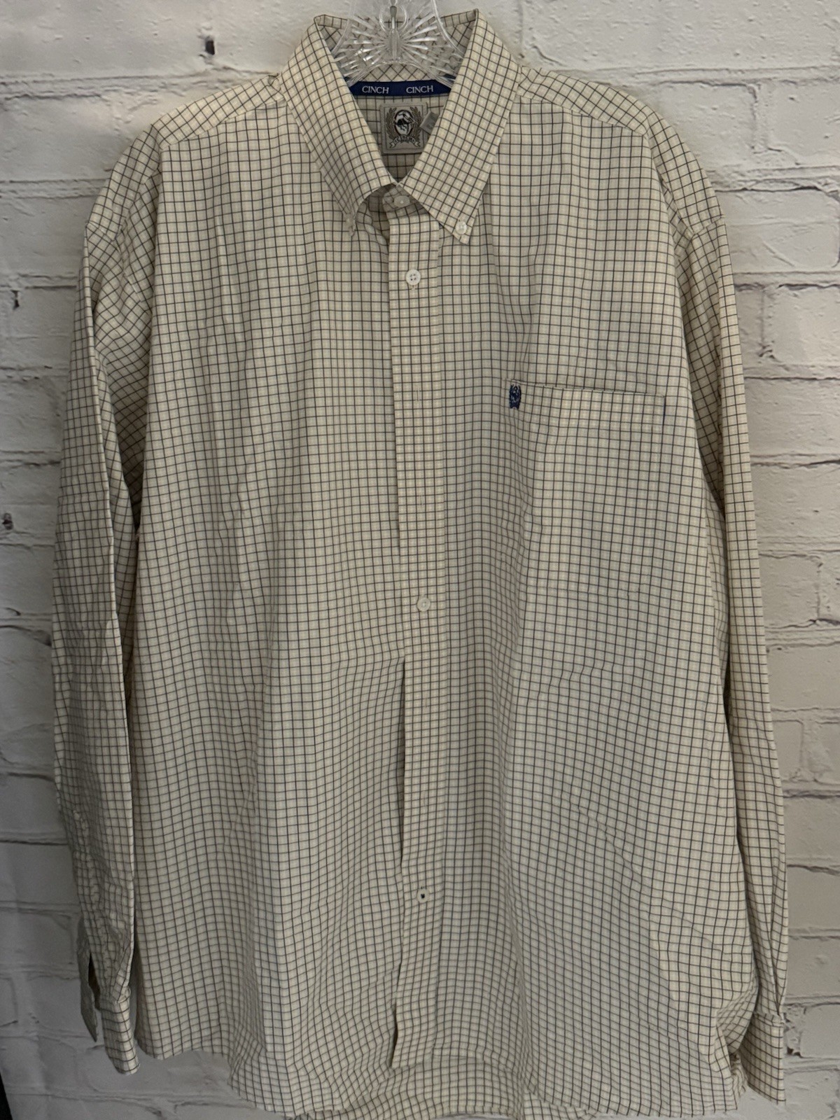 Cinch Blue/Beige/White Plaid Button Front Oxford Shirt 100% Cotton EUC Men’s L