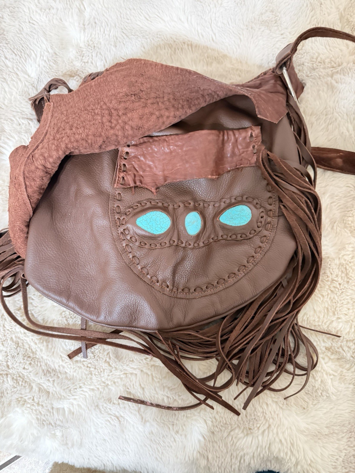Brown Fringe Hobo Shoulder Bag Turquoise/Blue Paisley Flap Zip, Pouch