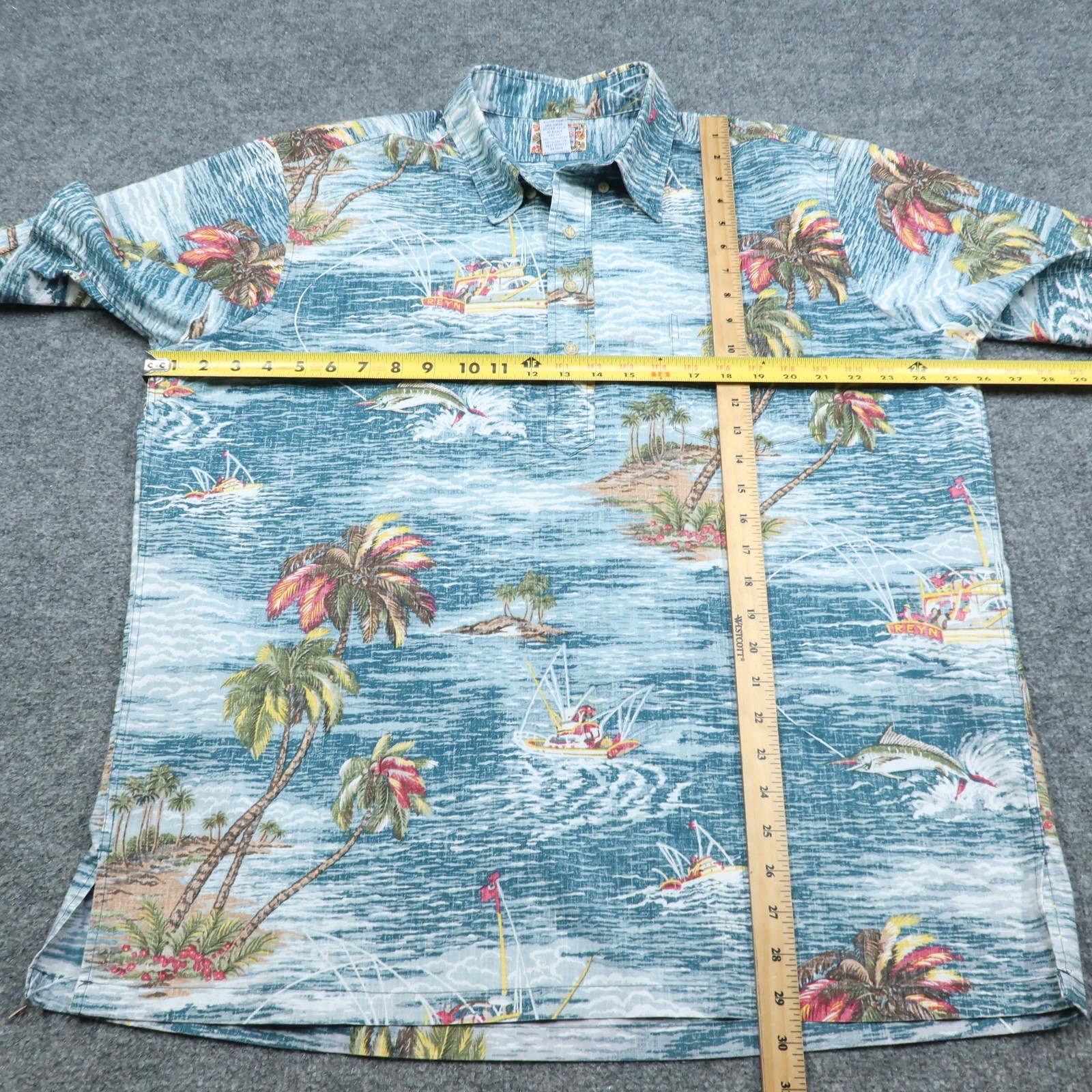Reyn Spooner Shirt Mens XL Blue Pullover Hawaiian Boats Fishing Short Sleeve