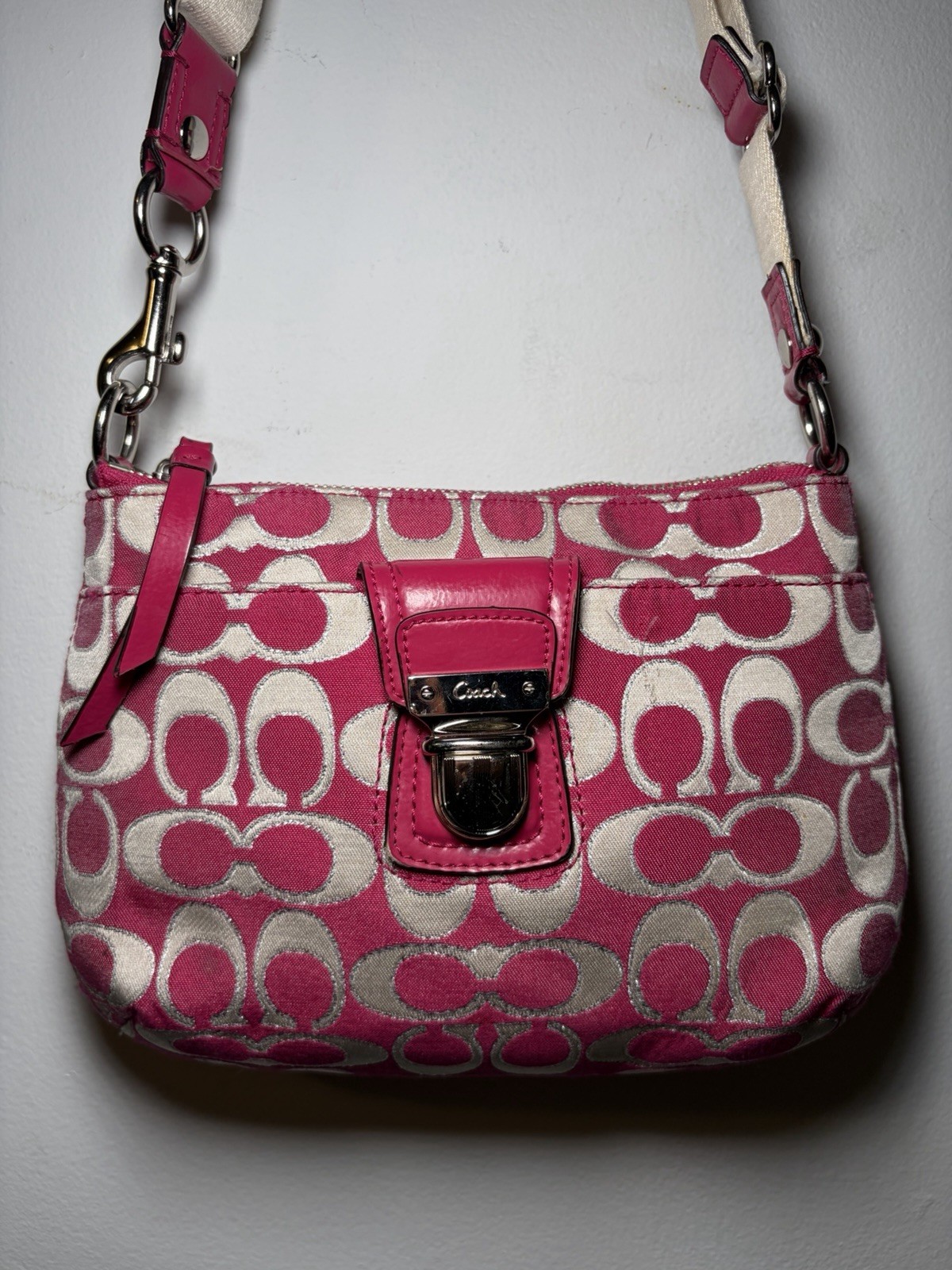 Coach Poppy Signature Double Pocket Crossbody Pink And White Strap