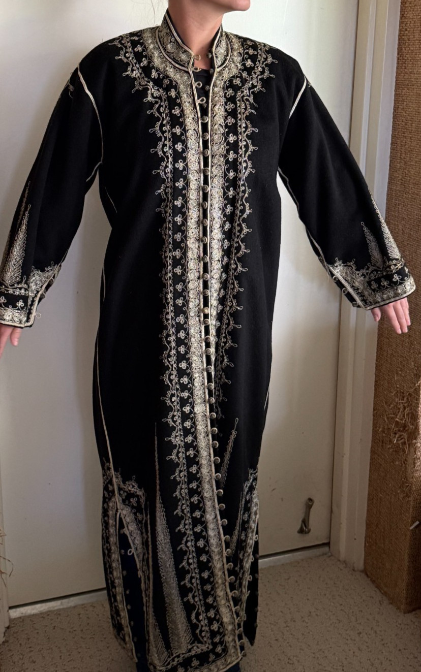 Vintage Handmade Black Wool Caftan Hand Embroidered Artisan Ceremonial Robe Maxi