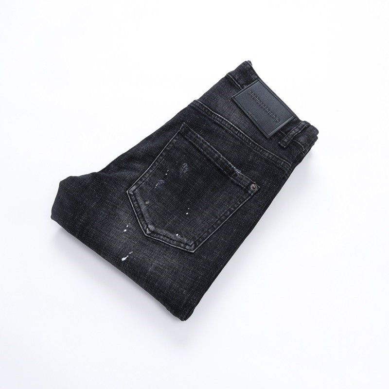 Men’s Punk Ripped PU Patch Slim fit Jeans Retro Classic High Quality Black Pants