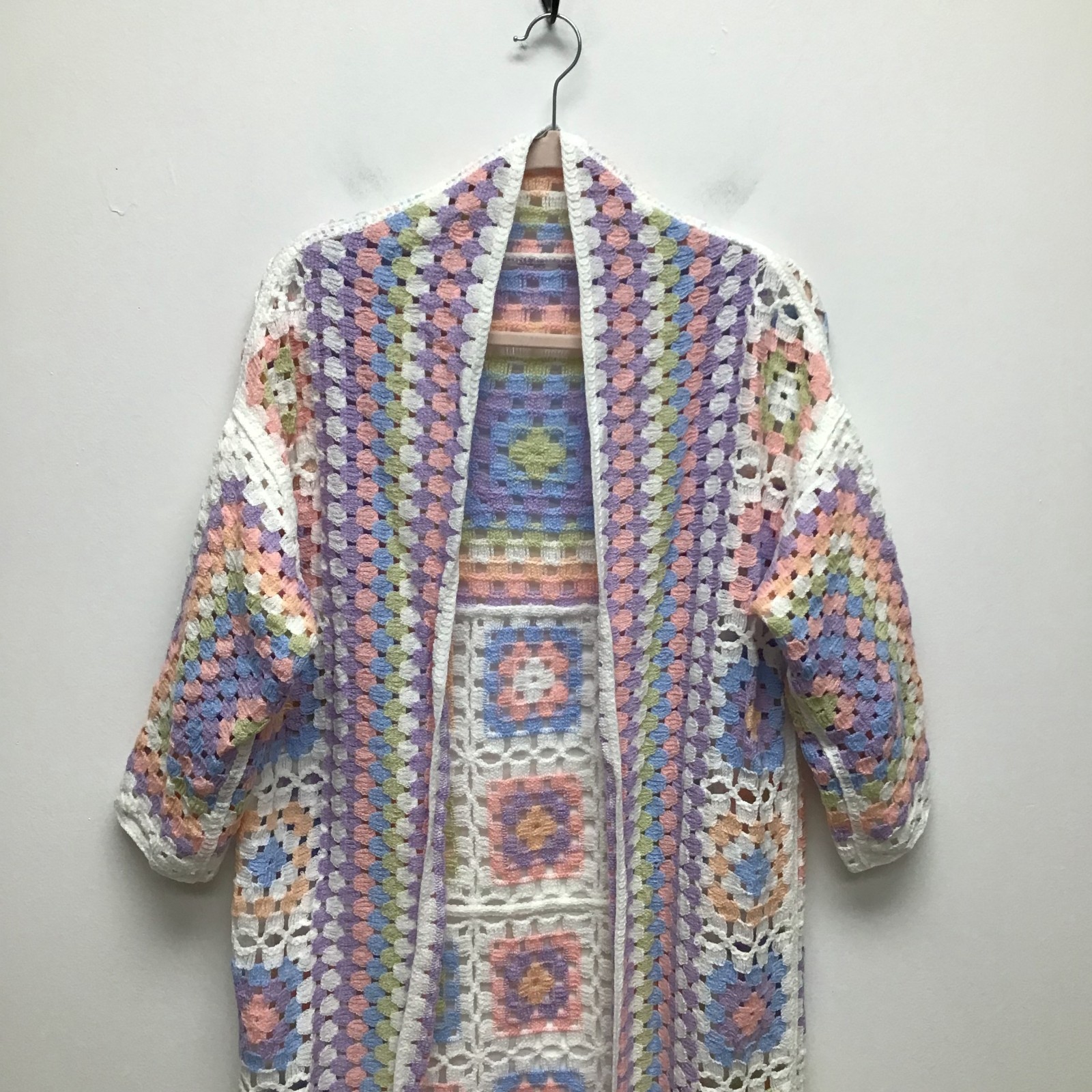 POL Pastel Crochet Cardigan Womens Granny Square Open Front Boho One Size NWOT