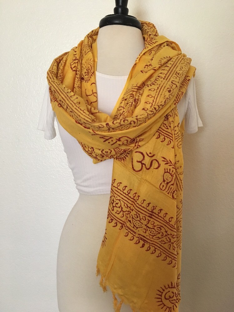 Om Yoga Cotton Shawl Hippie Boho Yellow Meditation Prayer Scarf Nepal Handmade