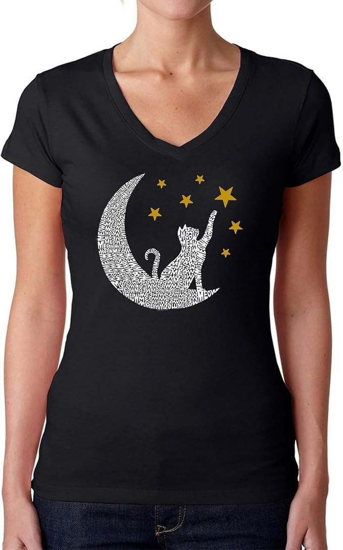 La Pop Art X1050 Women’s Word Art Cat Moon V-Neck T-Shirt – Black 2XL