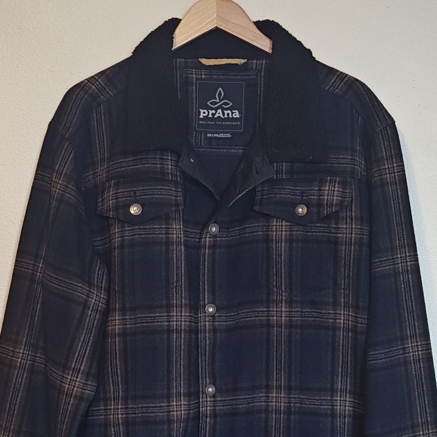 Prana Pinnacle Wool Blend Shirt Jacket Mens XXL Brown black Plaid Sherpa Collar