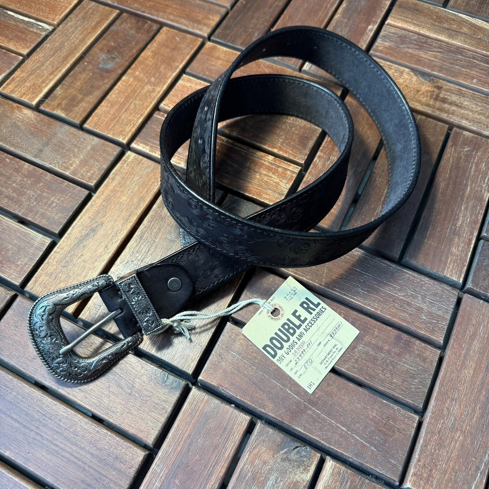 RRL Double RL Leather Belt Western Floral Engraved Silver Buckle Size 34
