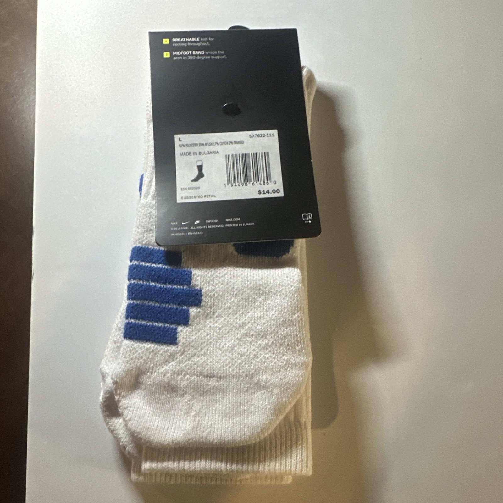 Nike Elite Men’s Crew Socks L White/Blue Striped Logo Breathable Arch Support