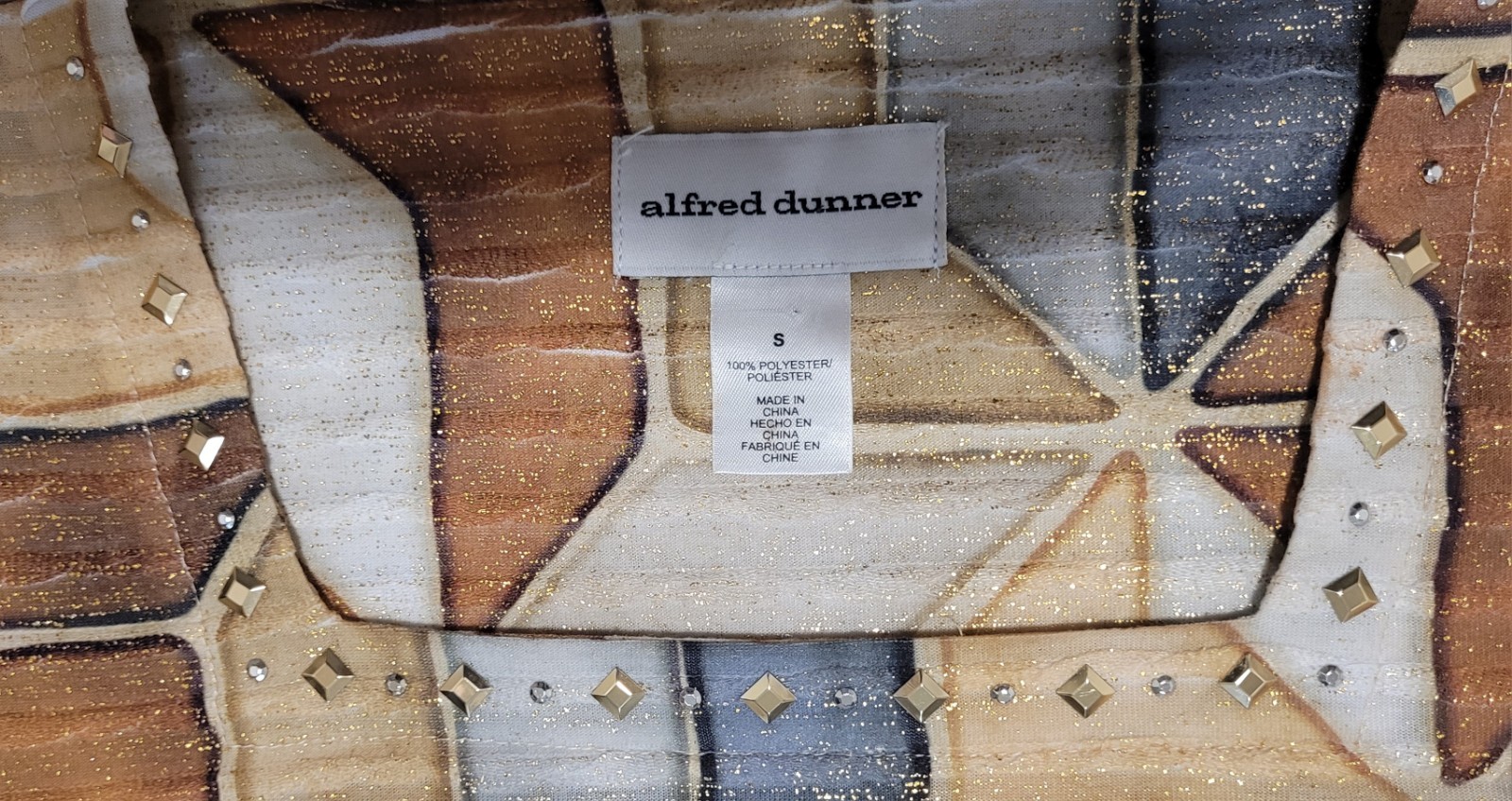 Alfred Dunner Size S Women’s Art Deco Geometric Square Neck Blouse 3/4 Sleeves