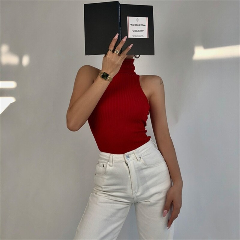 Women Plain Solid Color Sleeveless Crop Top Turtleneck Ribbed Knit Basic Vest