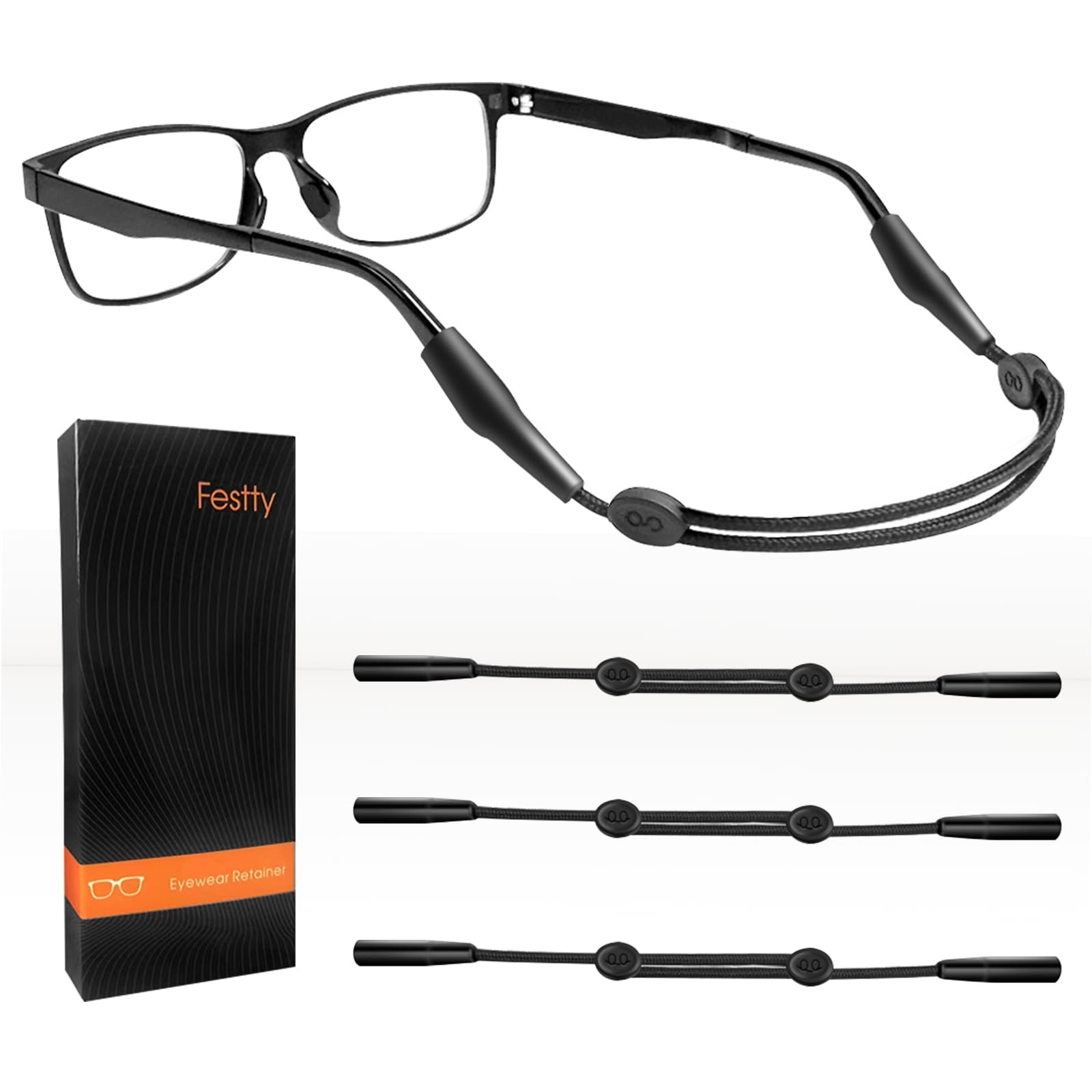 Festty Glasses Strap Sports 3 pcs, Eyeglasses Holder for Medium, Black