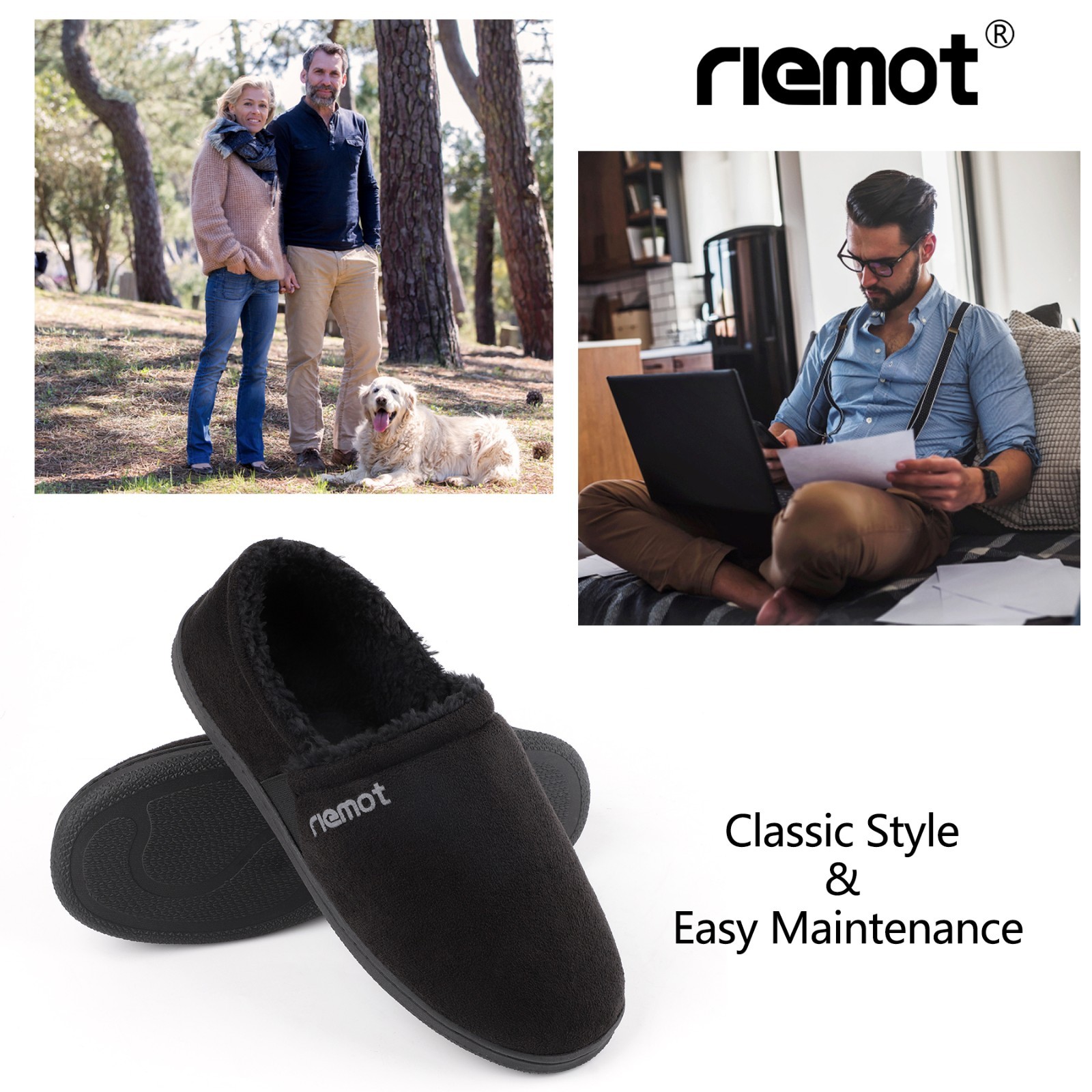 riemot Mens Moccasin Slippers Winter Soft Memory Foam House Shoes Warm Slip on