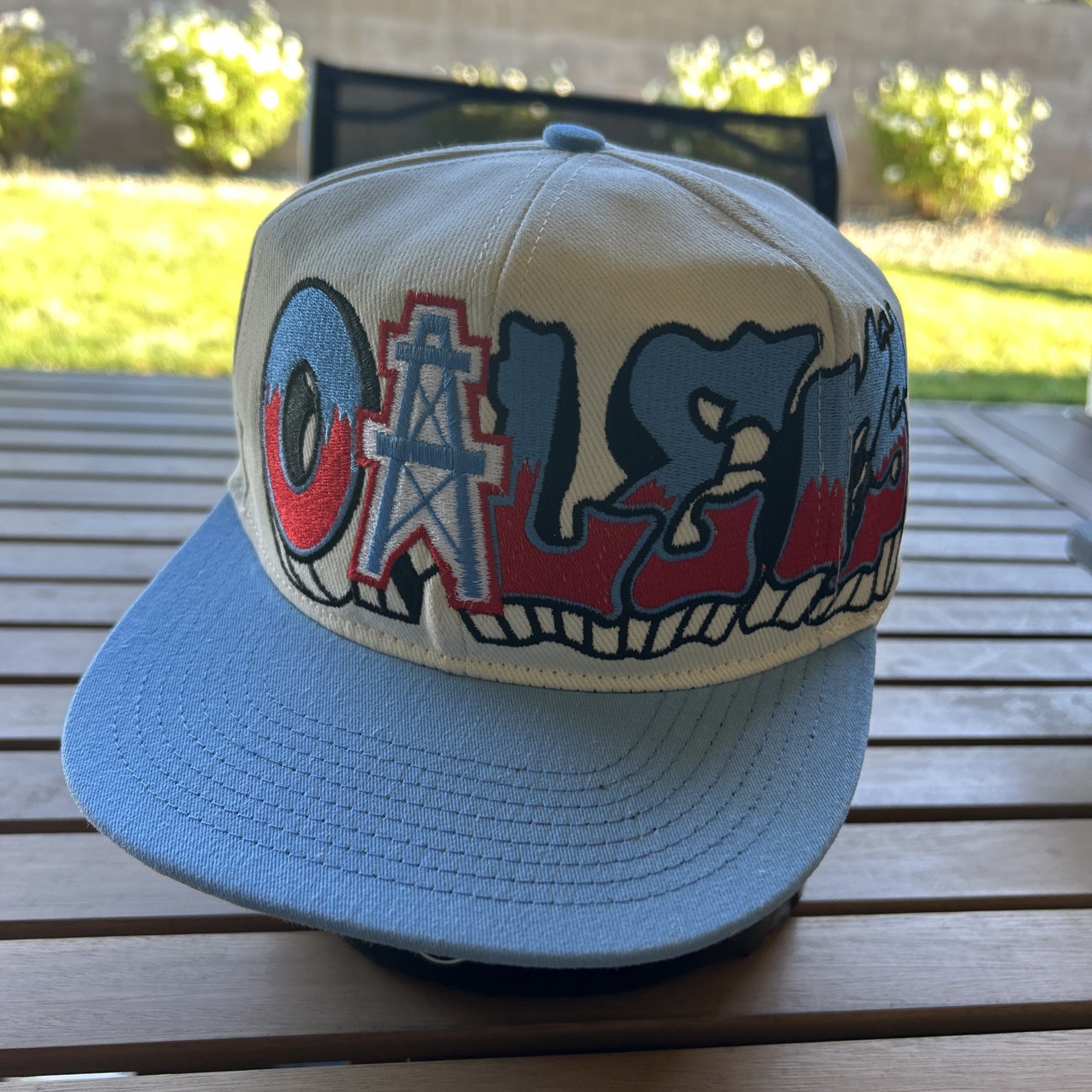Houston Oilers Double Graffiti TOW Custom Snapback Hat Cap Cream Dome Two Tone