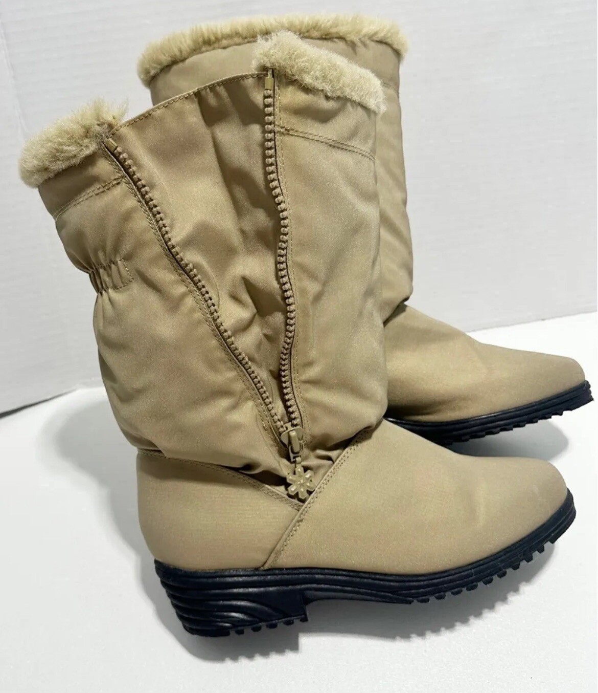 AJ Valenci Icicle Round Toe Mid Calf Faux Fur Collar Zip Winter Boots Tan SZ-8.5