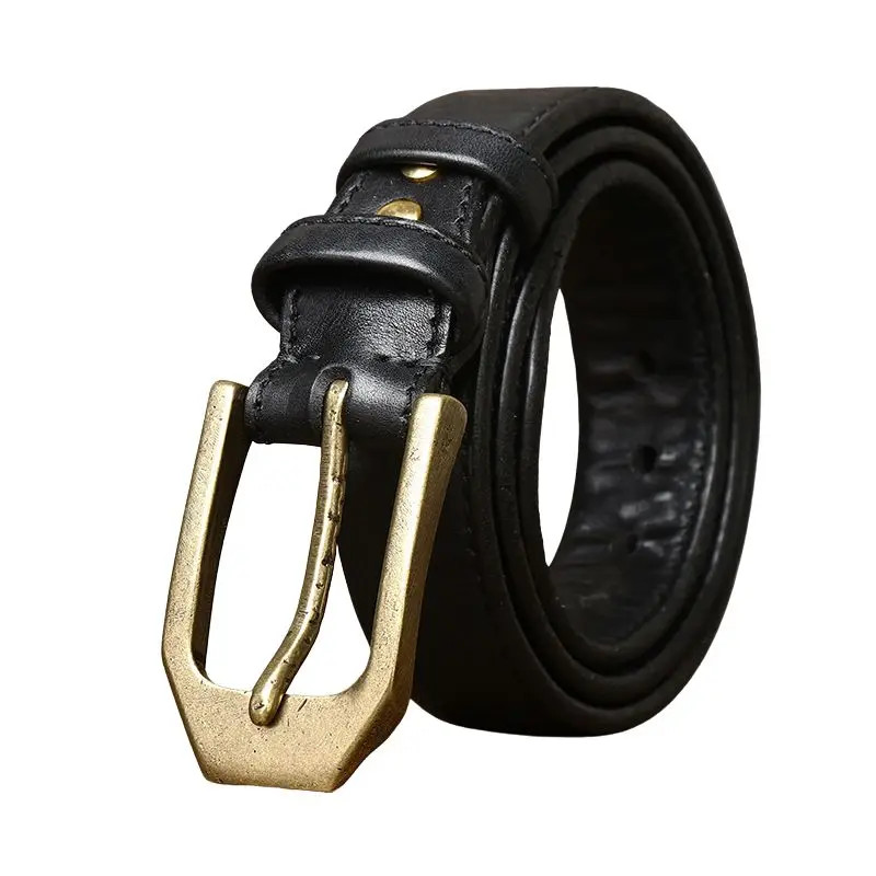 3.8CM Double Sided Full Grain Leather Belt Mens Pin Buckle Thick Cowhide Brass