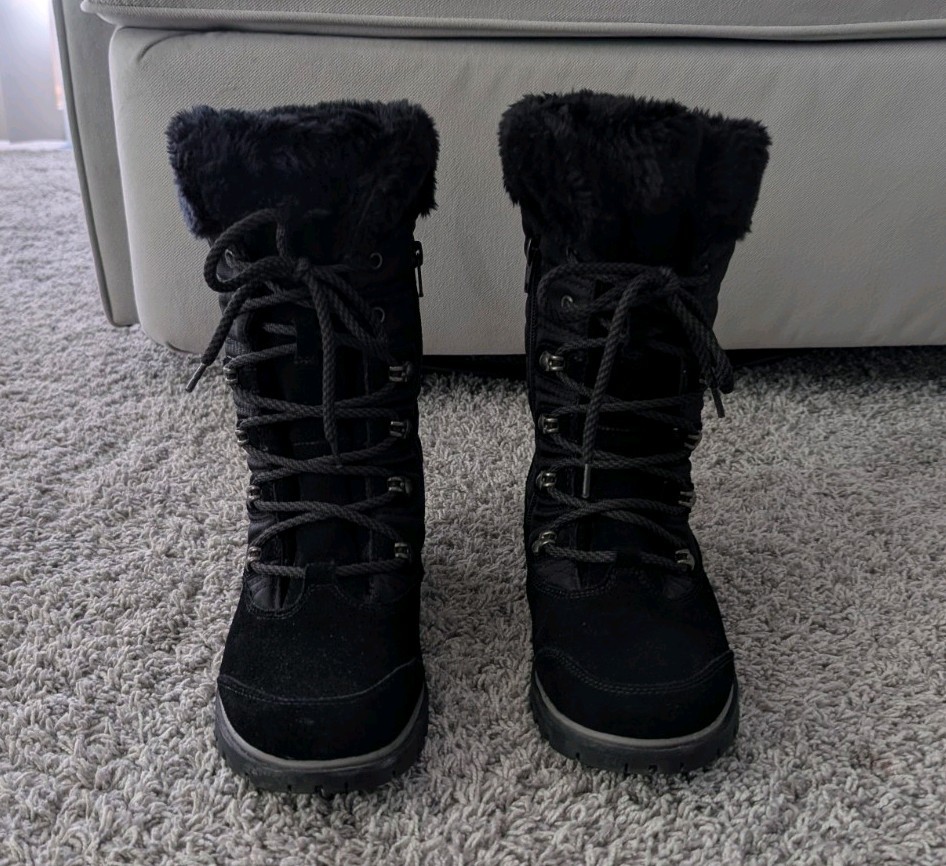 Baretraps Black Leather Faux Fur Trim Lace-Up Mid-Calf Round Toe Boots 6.5M