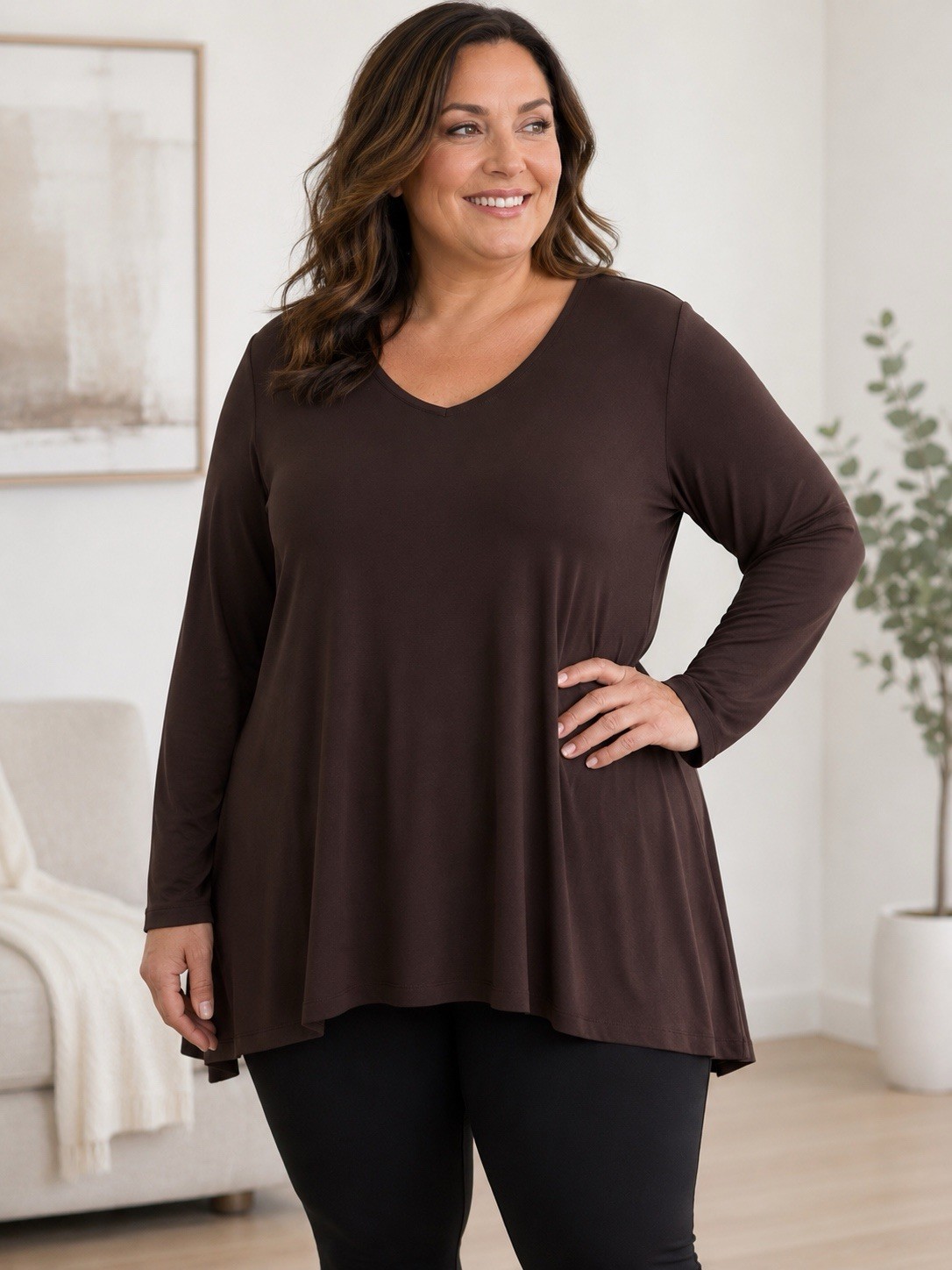 Susan Graver Top 1X Brown Tunic-Liquid Knit- Office Minimalist Stretch Travel