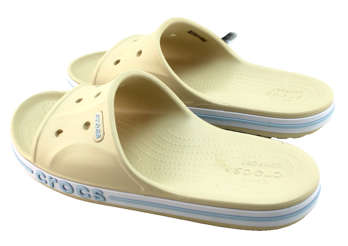 New CROCS Women’s 6 Bayaband Vanilla Cream /Blue Raised Crocs Logo Slide Sandals