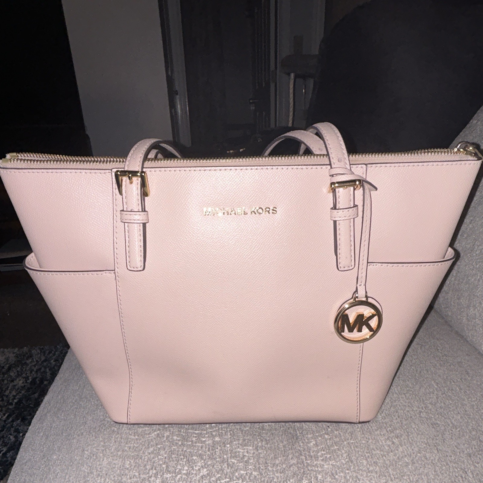 Michael Kors Pink Zip-Top Tote w/ MK Charm, Gold Hardware, Lined Pockets