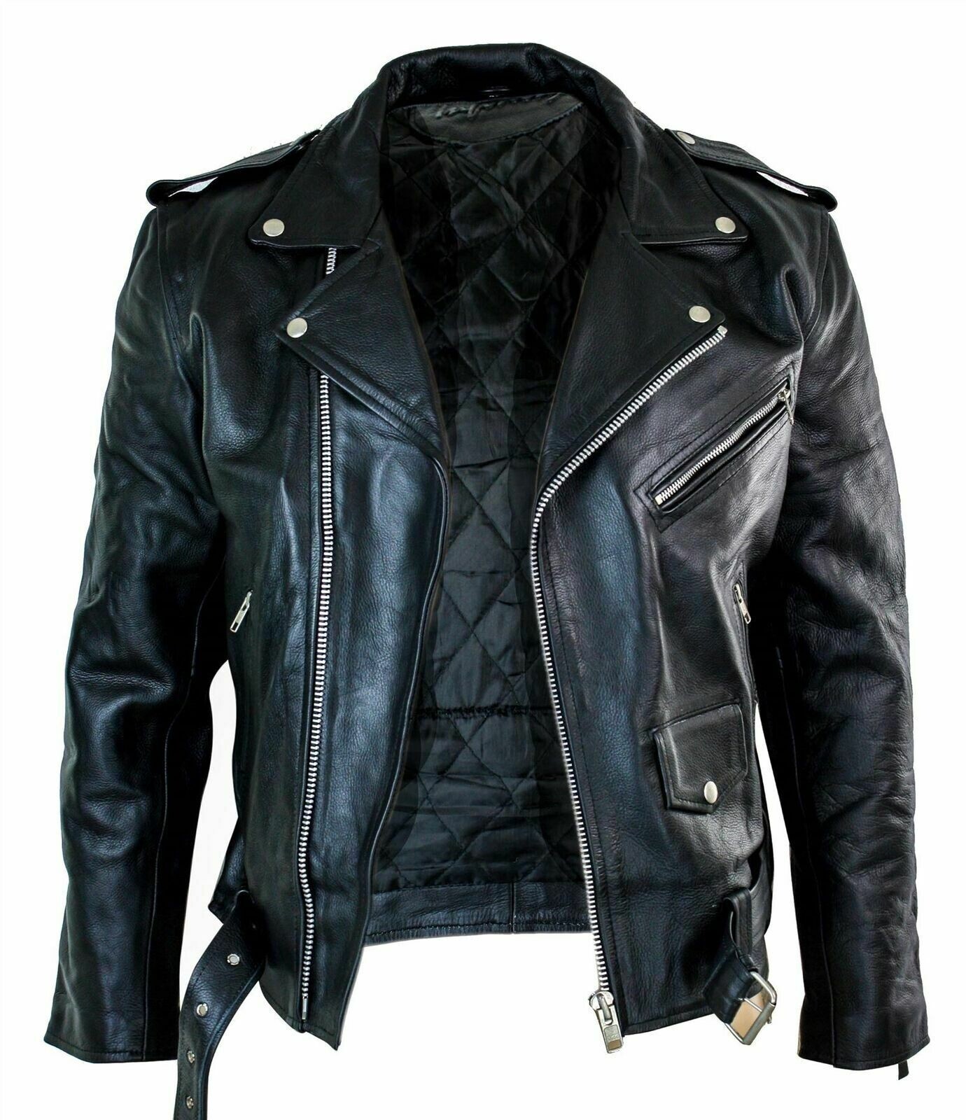 Men’s Motorcycle Leather jacket Genuine Buffalo Skin Brando Style Black Biker
