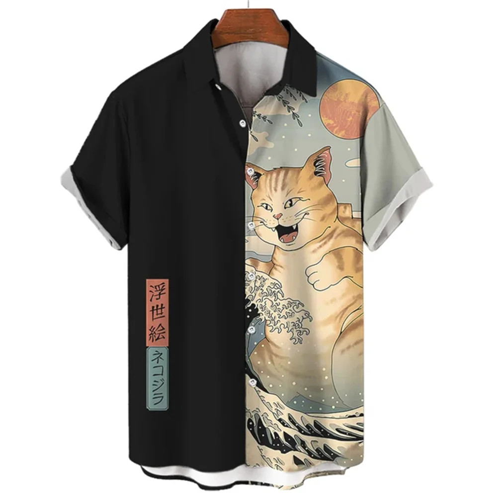 Fashion Men’s Clothing Cool Samurai Cat Tops Summer New Men’s Clothing Casual