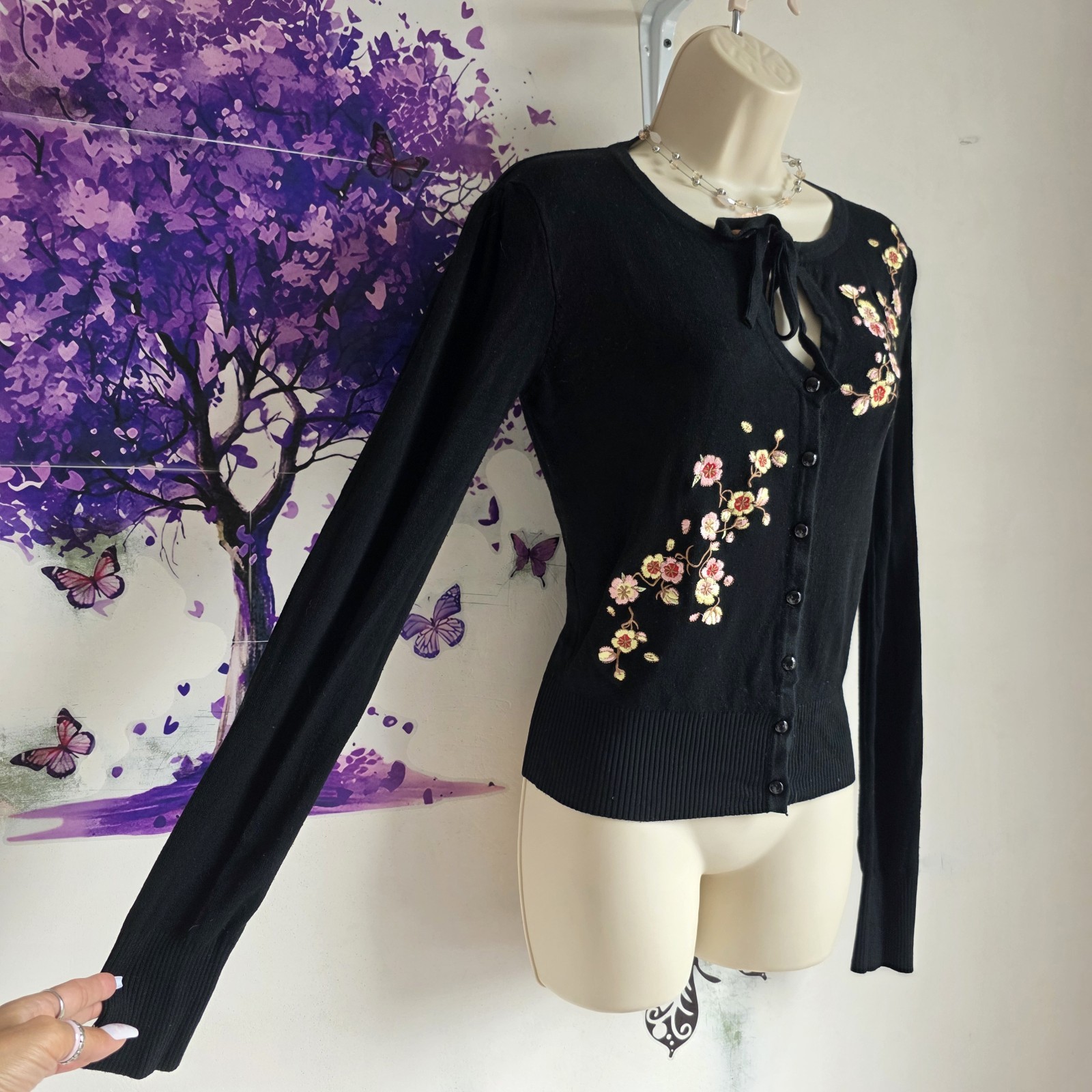 Dancing Days by Banned Retro Cardigan Black Embroidered Floral Blossom 12 14