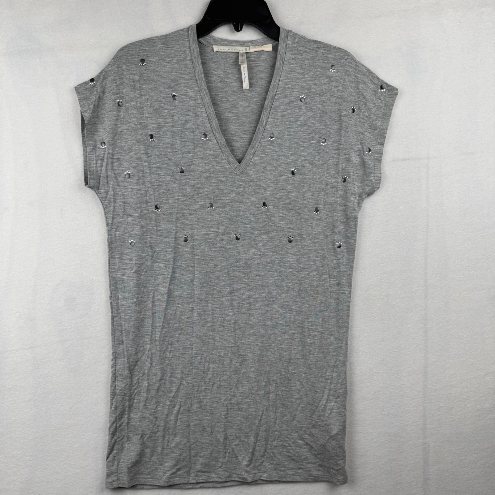 Schumacher Women’s Gray Embellished V-Neck Short Sleeve Tunic Top Size 1