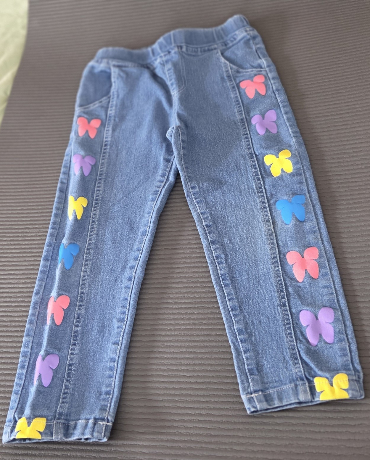 Girls Blue Denim Pull-On Straight Jeans, Butterfly Print, Elastic Waist 5-6Y Xsm