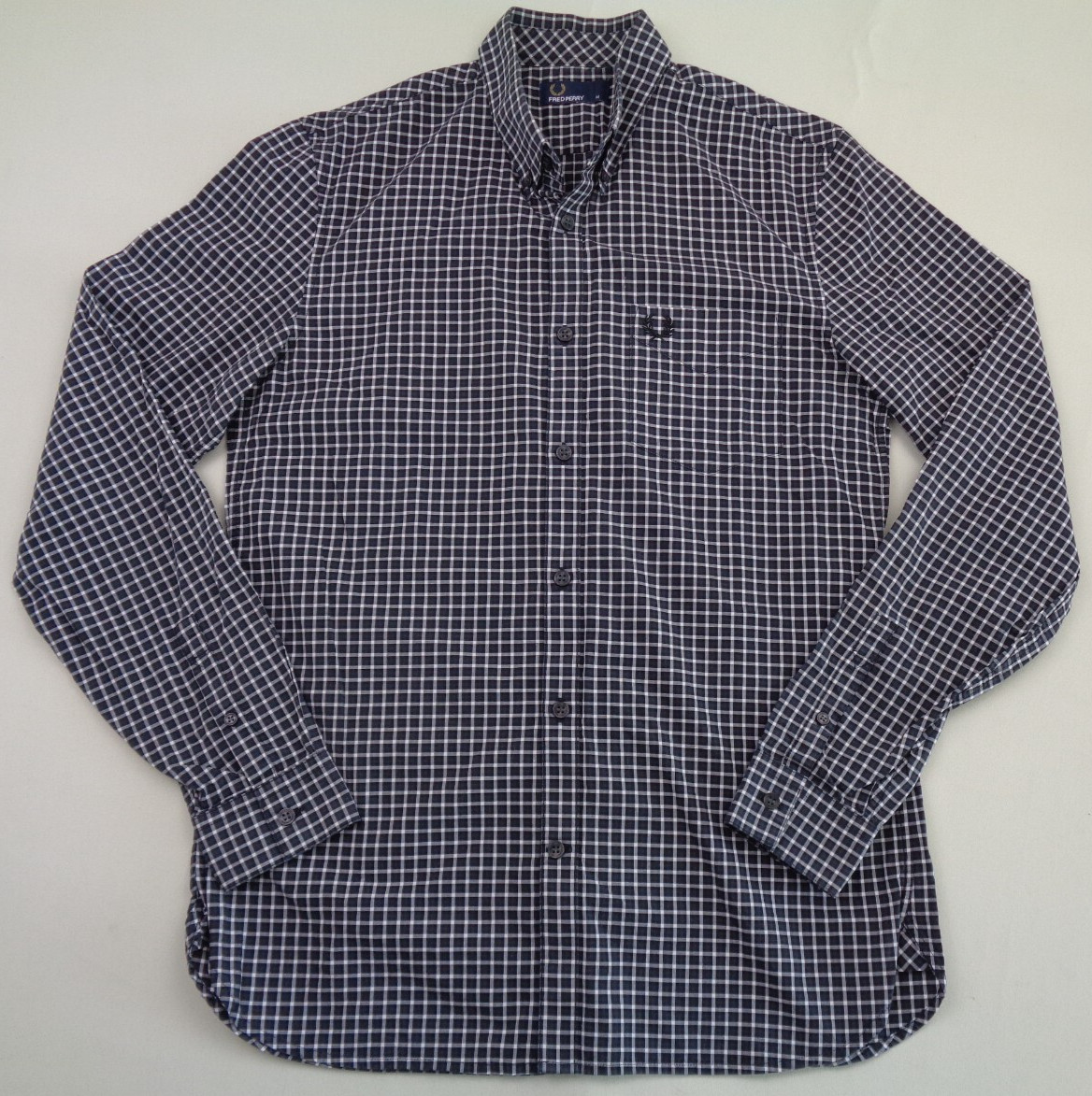 Fred Perry Shirt Mens Medium Black Check 100% Cotton Embroidered Logo Mod