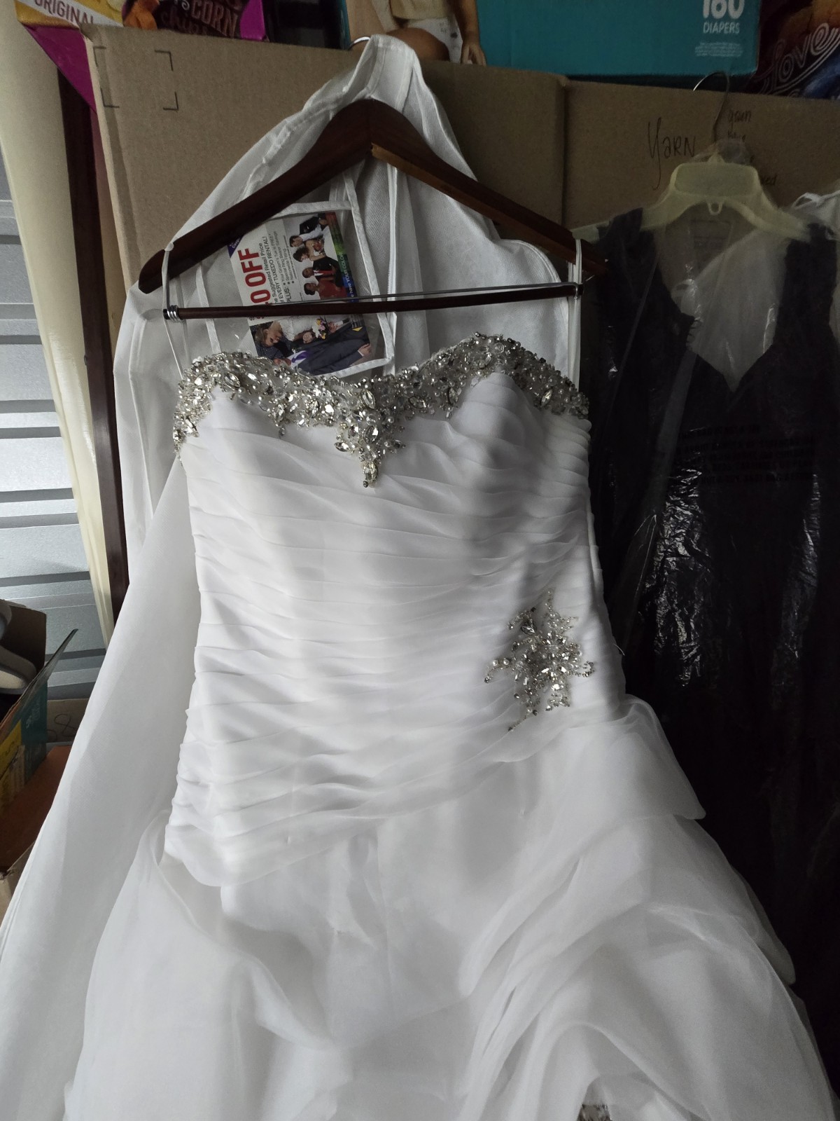 White Sweetheart Strapless Ball Gown Wedding Dress, Beaded Ruching Ruffles