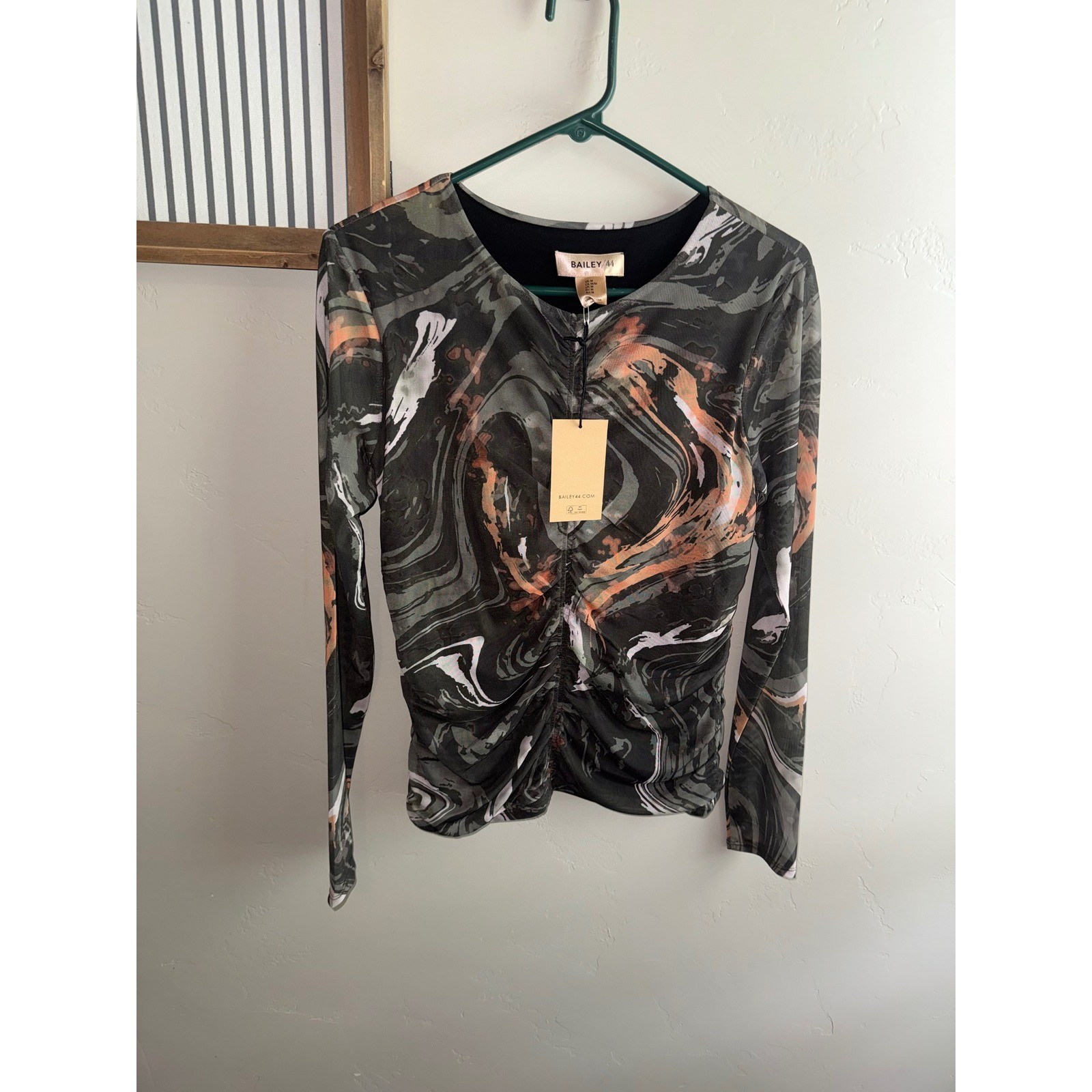 Bailey 44 Womens Marble Swirl Ruched Mesh Long Sleeve Top Green Peach Size M