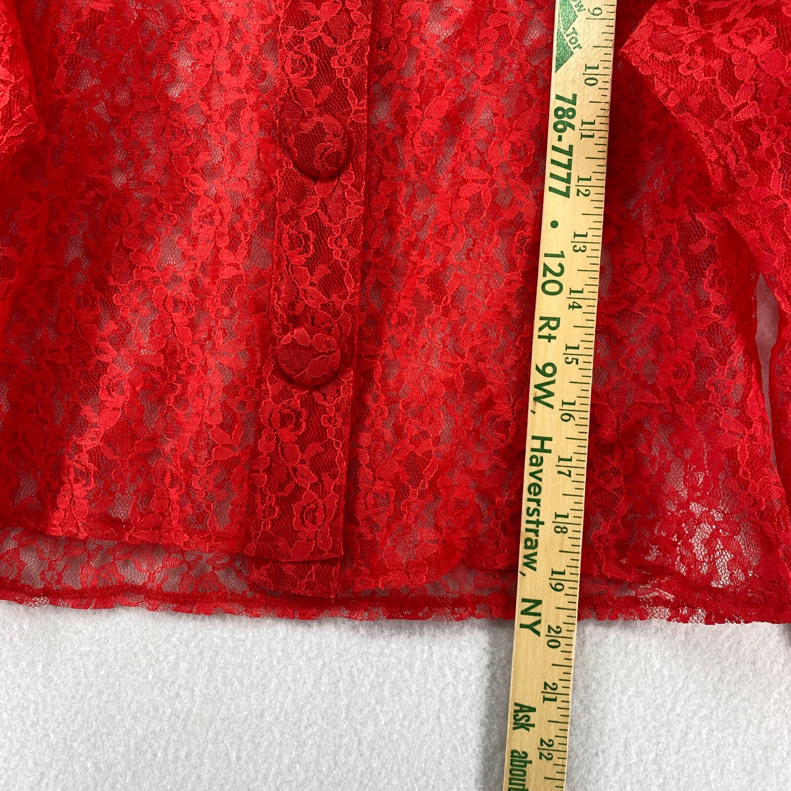 VICTORIA LANE BONNIE GOLDMAN Top S Sheer Lace Floral Button Up Long Sleeve Red