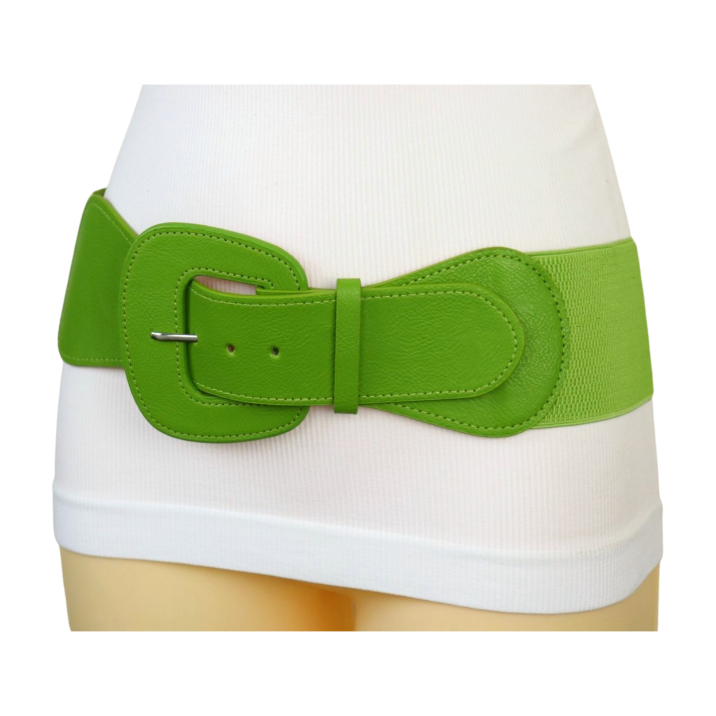 Women Olive Green Elastic Waistband Wide Popular Fun Fashion Belt Big Buckle S M