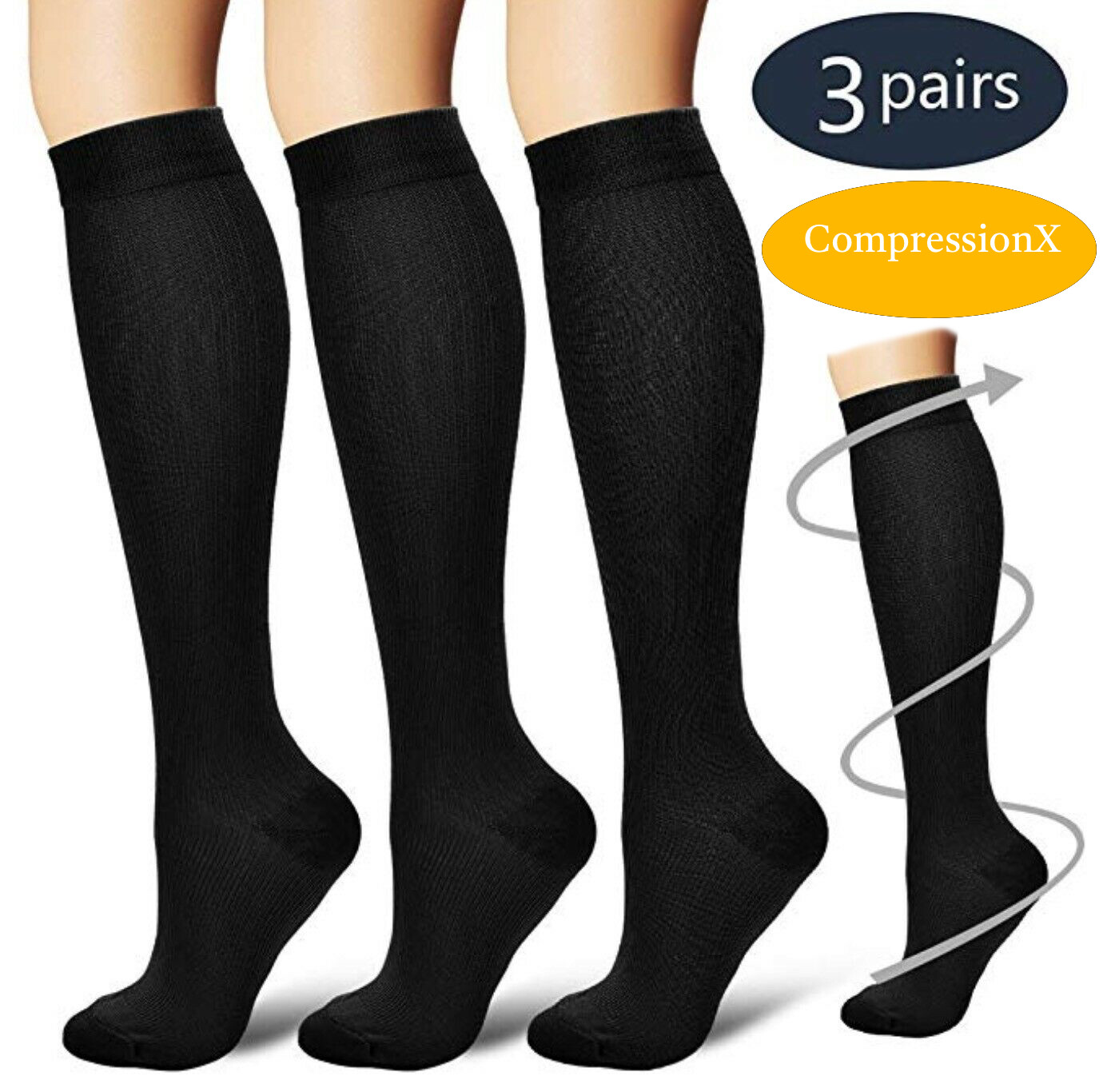 (3 Pairs) S-4XL Compression X Socks Knee High 20-30mmHg Graduated Mens Womens