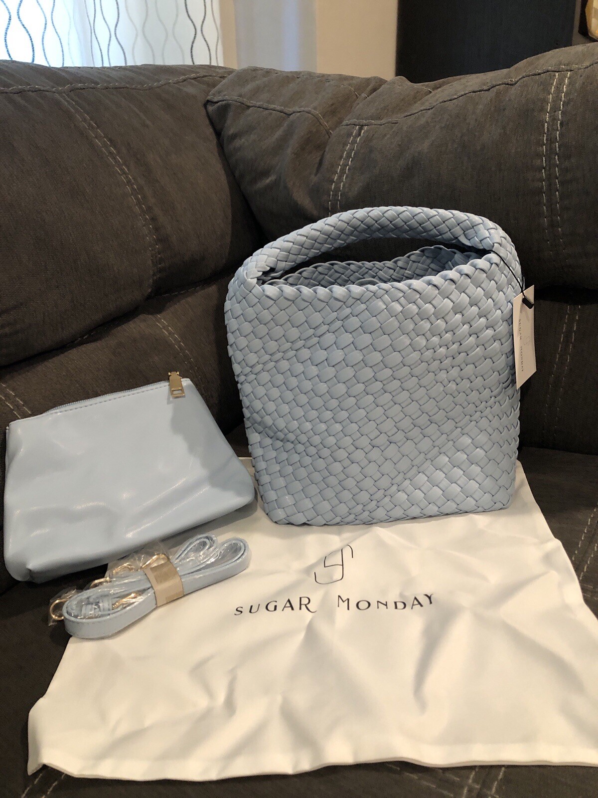 NWT Sugar Monday Woven Tote “Piper” Small In Light Blue