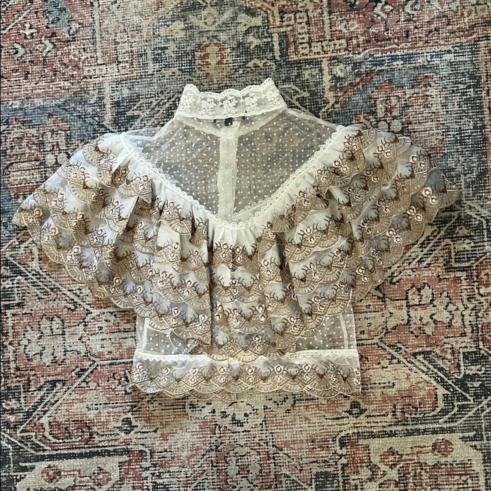 BEULAH Style Victorian-Inspired White Lace Blouse with Golden Embroidery Size: S