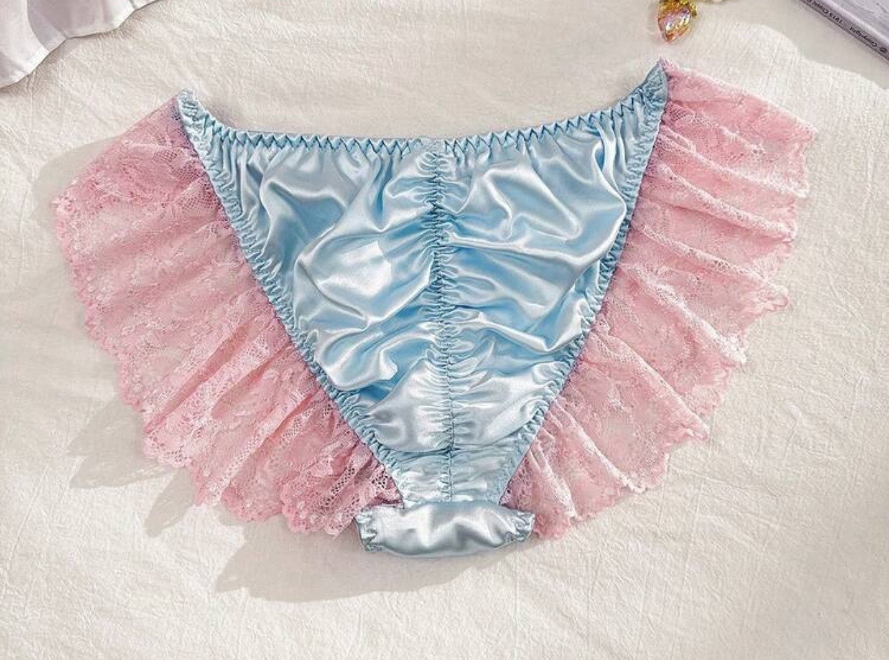 Baby Blue Satin & Pink Frill Lace Ruched Bum Bikini Panties Knickers Sissy Sz L