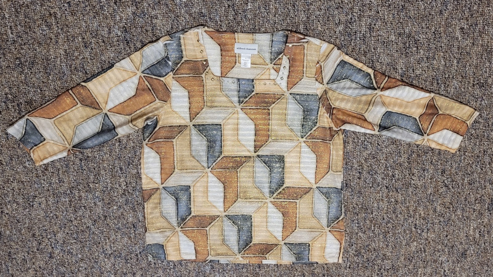 Alfred Dunner Size S Women’s Art Deco Geometric Square Neck Blouse 3/4 Sleeves