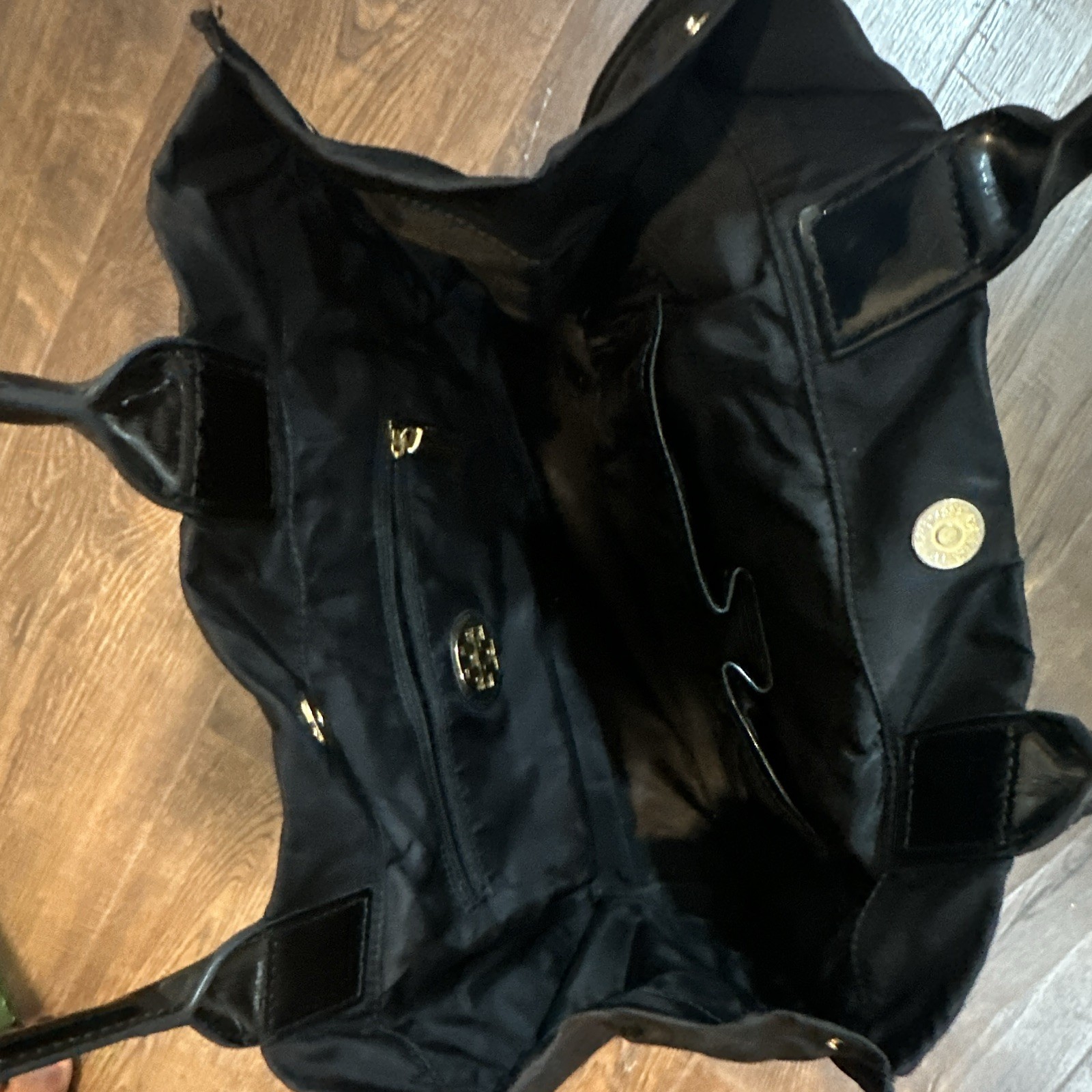 Tory Burch Black Tote Bag Logo Medallion Double Handles Gold Hardware Pockets