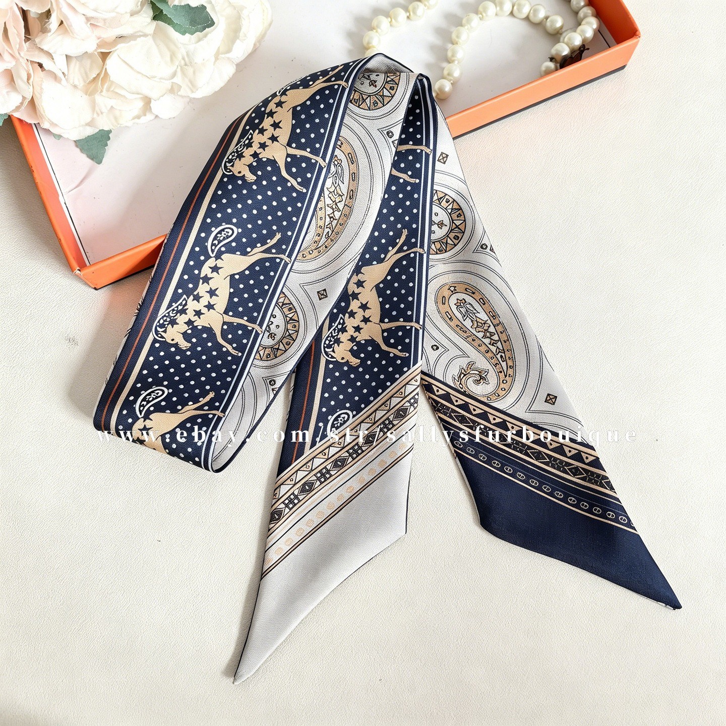 Sallys 100% Twill Silk Scarf Ribbon Paisley Print Bag Head Band Neck Tie 85x5cm