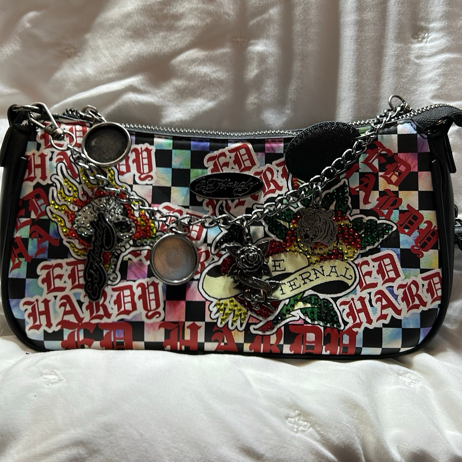Ed Hardy Love Eternal Rhinestone Shoulder Bag Small Multicolor Faux Leather Used