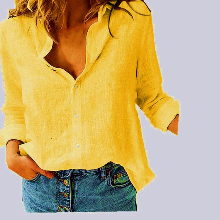 New Spring Autumn Women Solid Color Casual Loose Long Sleeved Linen Shirt Tops